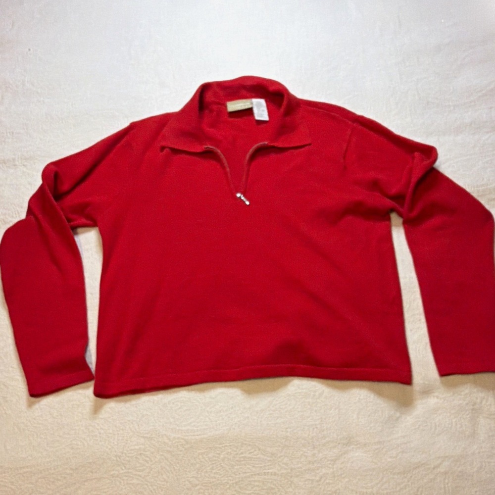Liz Claiborne Womens L Red Solid Knit Mock Neck 1/4 Zip Pullover Sweater Lizwear